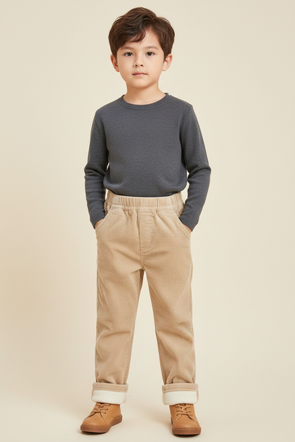 Pantalon Beige Côtelé Doublé Polaire Ample Enfant - Cordé