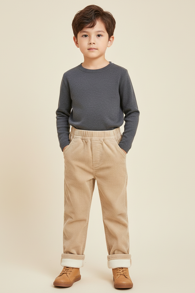 Pantalon Beige Côtelé Doublé Polaire Ample Enfant - Cordé