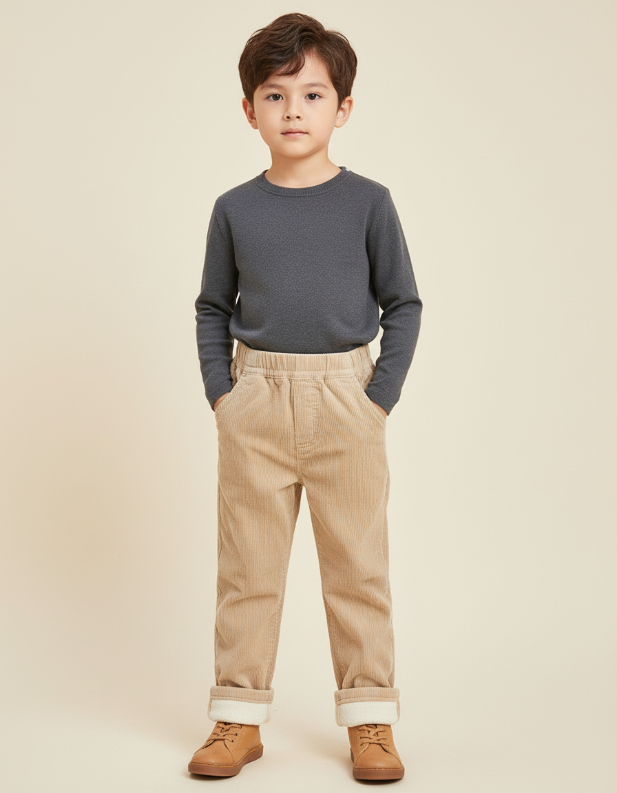 Pantalon Beige Côtelé Doublé Polaire Ample Enfant - Cordé