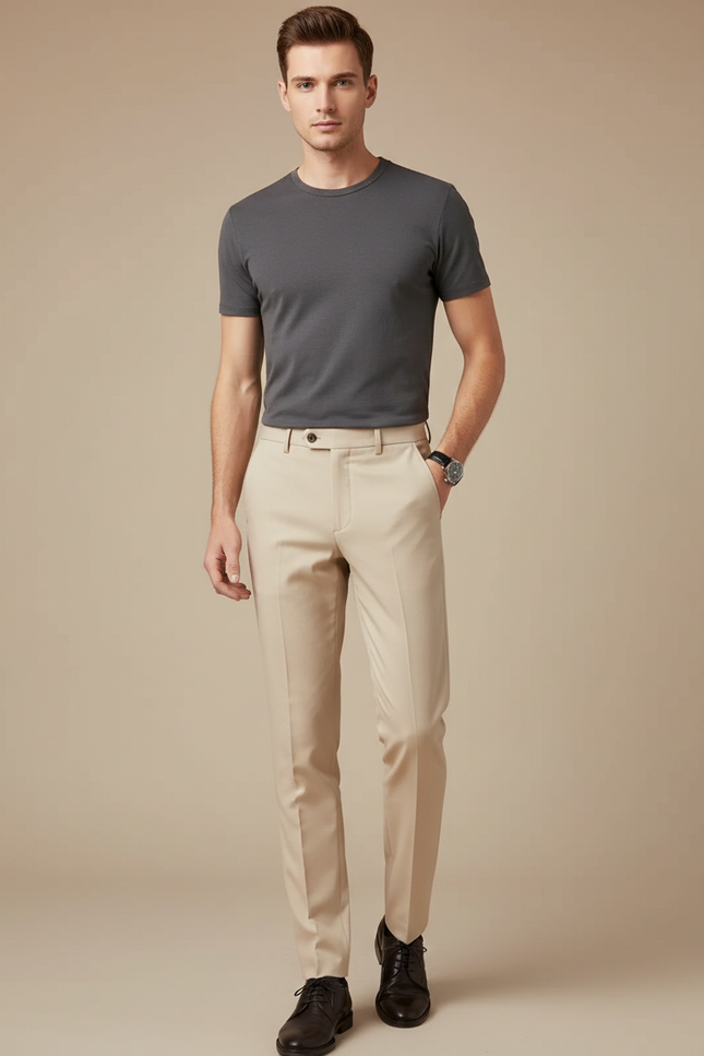 Pantalon Beige Droit Élégant Business Homme - Gabardine