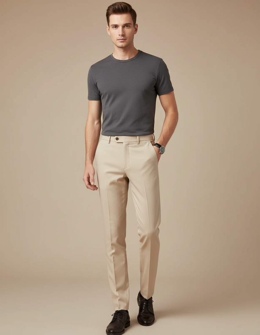 Pantalon Beige Droit Élégant Business Homme - Gabardine