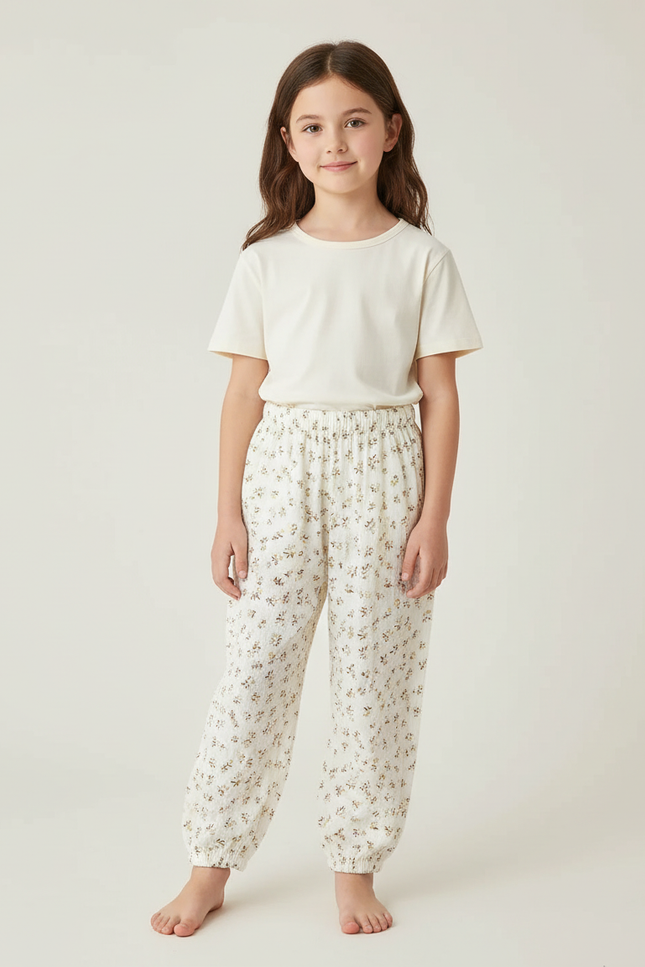 Pantalon Beige Fleuri Ample Mousseline Enfant - Viscose