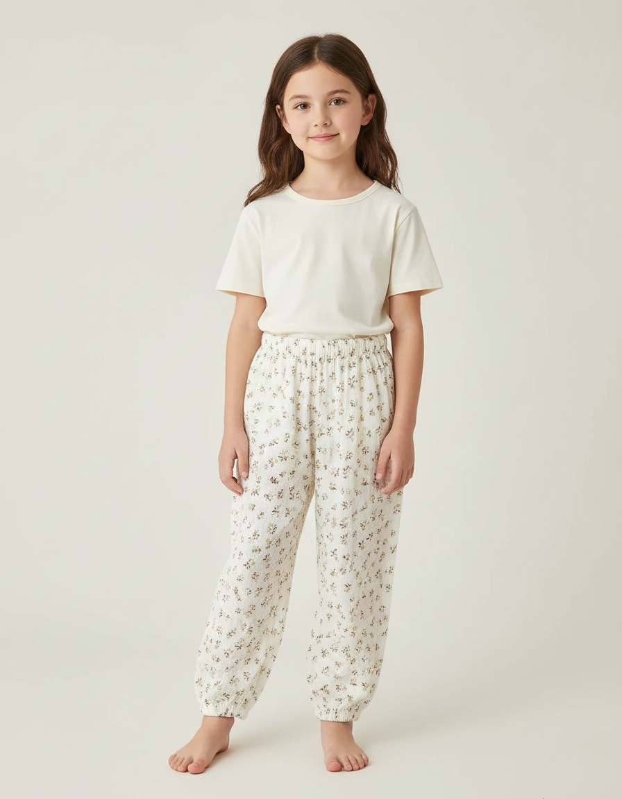 Pantalon Beige Fleuri Ample Mousseline Enfant - Viscose
