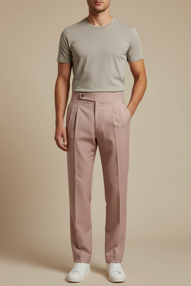Pantalon Beige Plissé Homme Habillé Élégant Décontracté - Rose Laine