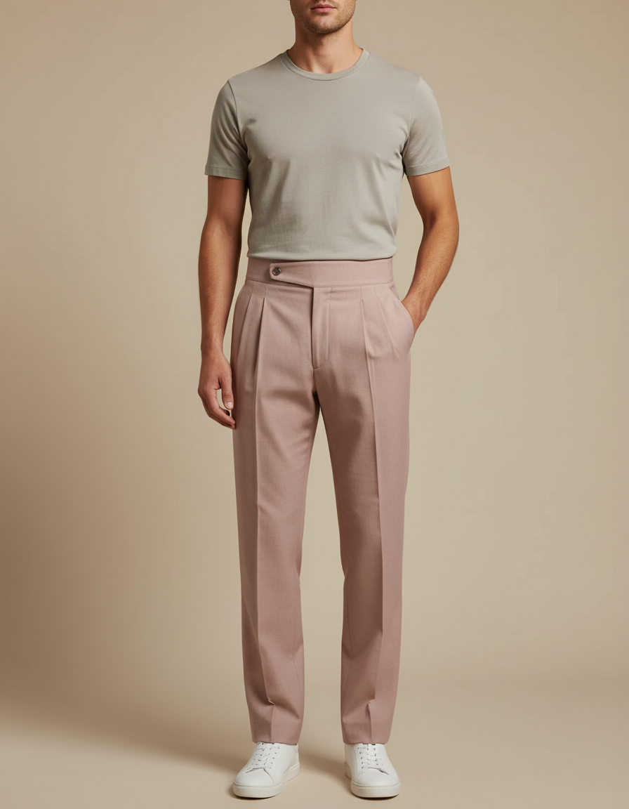 Pantalon Beige Plissé Homme Habillé Élégant Décontracté - Rose Laine