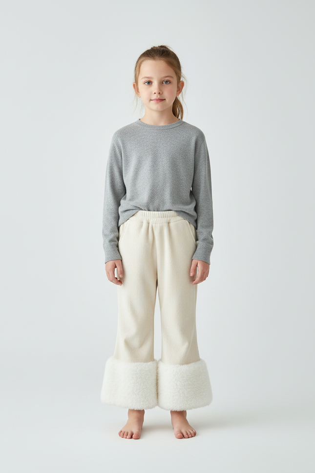 Pantalon Beige Côtelé Chaud Doux Évasé Enfant - Cordé