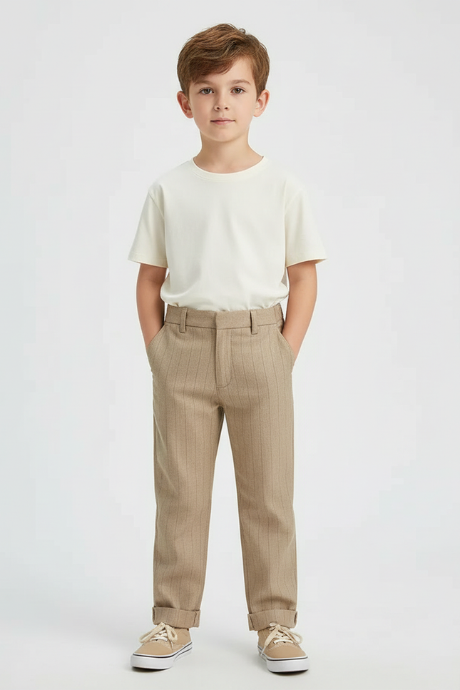 Pantalon Beige Rayé Droit Coton Enfant - Gabardine
