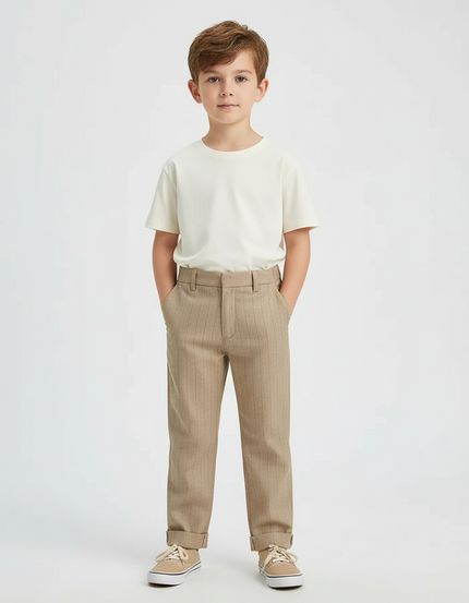 Pantalon Beige Rayé Droit Coton Enfant - Gabardine