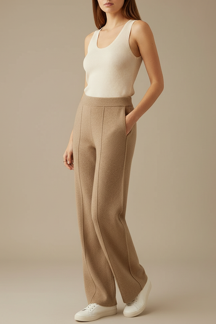 Pantalon Beige Cachemire Ample Confortable Chaud Femme - Camel Maille