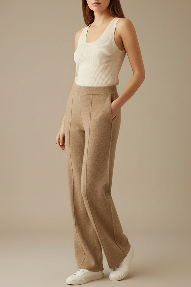 Pantalon Beige Cachemire Ample Confortable Chaud Femme - Camel Maille