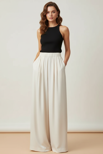 Pantalon Beige Fluide Ample Taille Haute Satiné