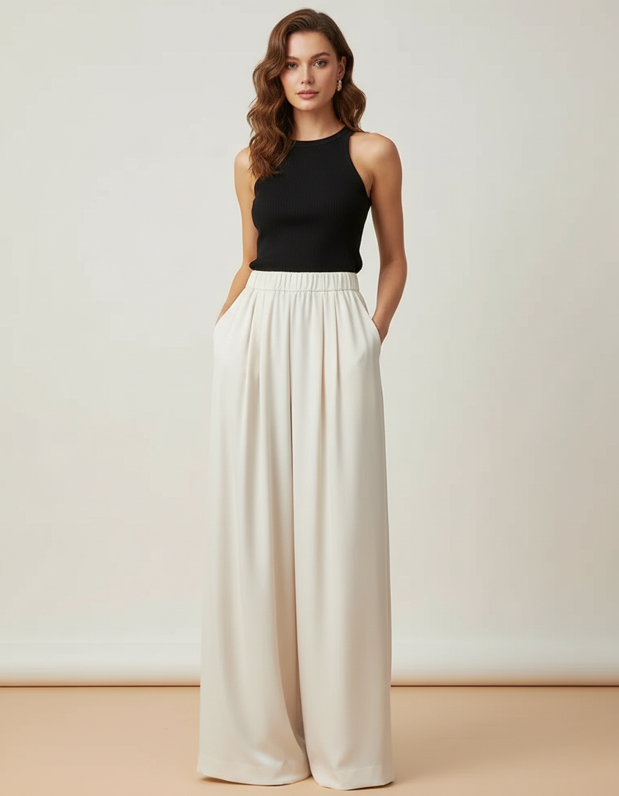 Pantalon Beige Fluide Ample Taille Haute Satiné