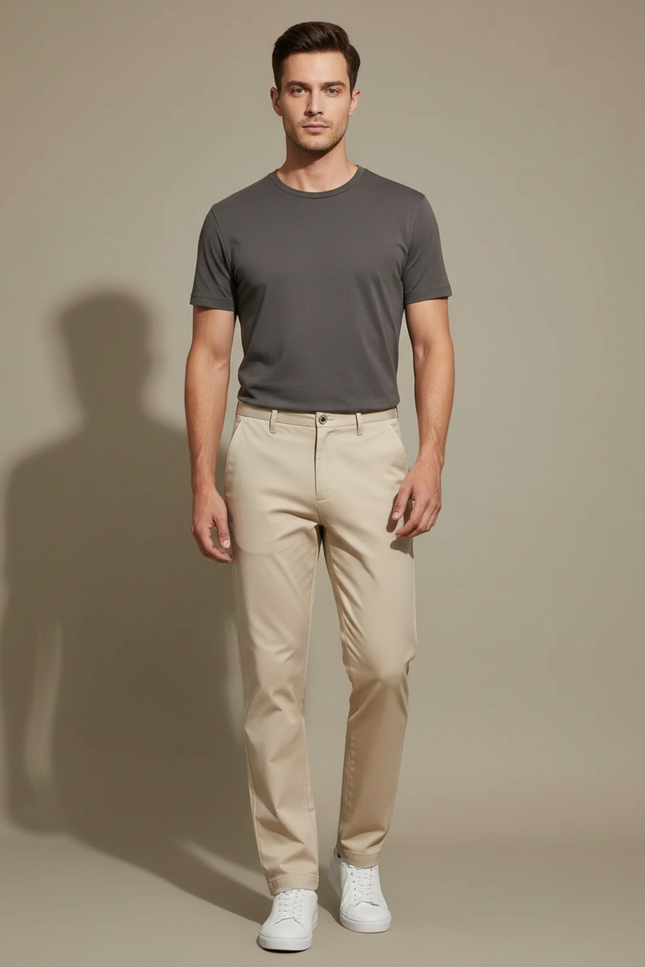 Pantalon Beige Homme Slim Décontracté Coton Élastique