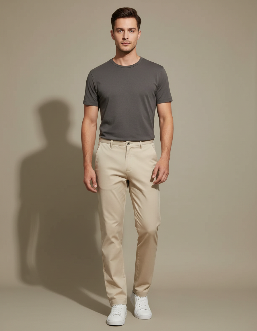 Pantalon Beige Homme Slim Décontracté Coton Élastique