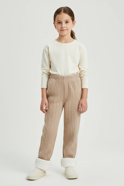Pantalon Beige Fille Tricoté Jacquard Chaud - Maille