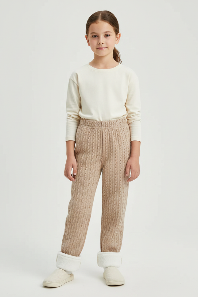 Pantalon Beige Fille Tricoté Jacquard Chaud - Maille