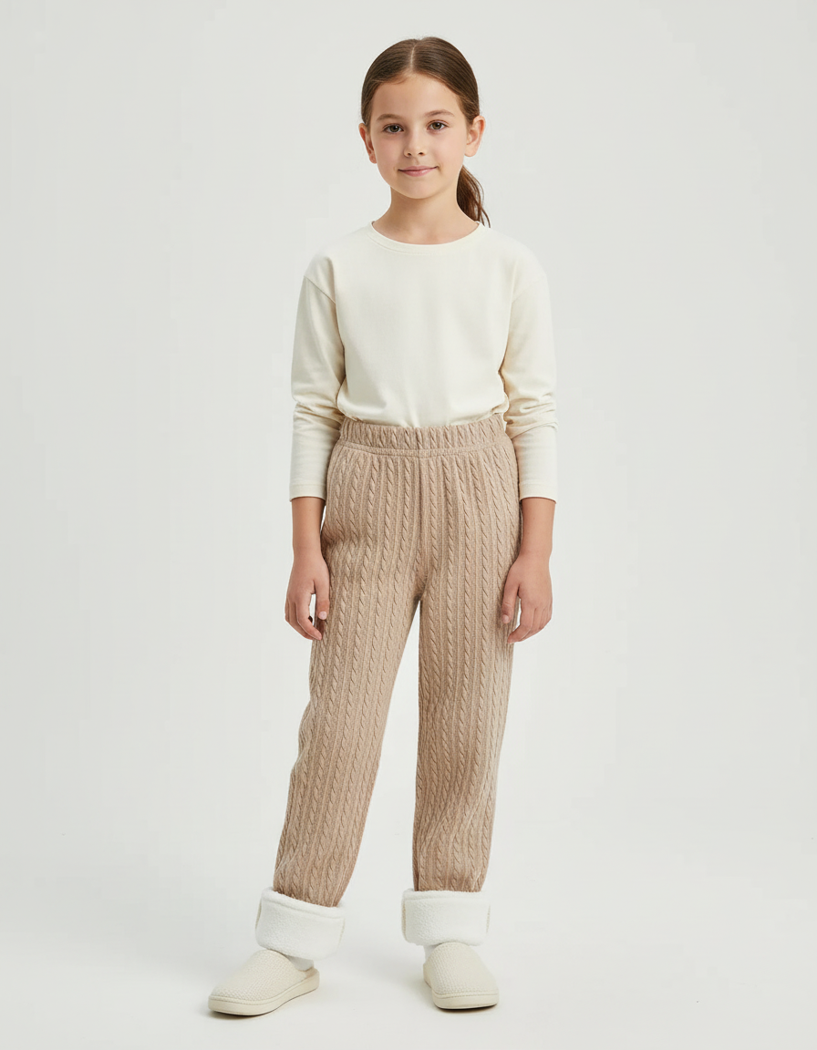 Pantalon Beige Fille Tricoté Jacquard Chaud - Maille