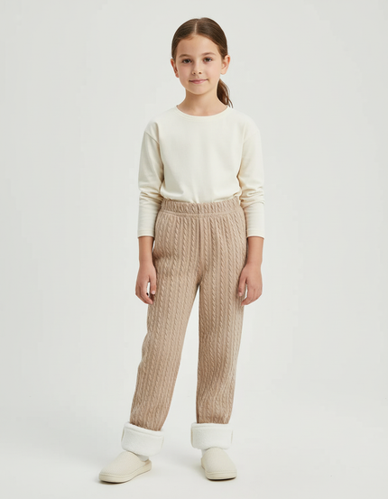 Pantalon Beige Fille Tricoté Jacquard Chaud - Maille