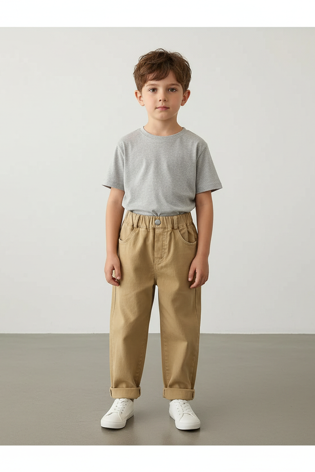 Pantalon Beige Coton Ample Décontracté Garçon - Camel