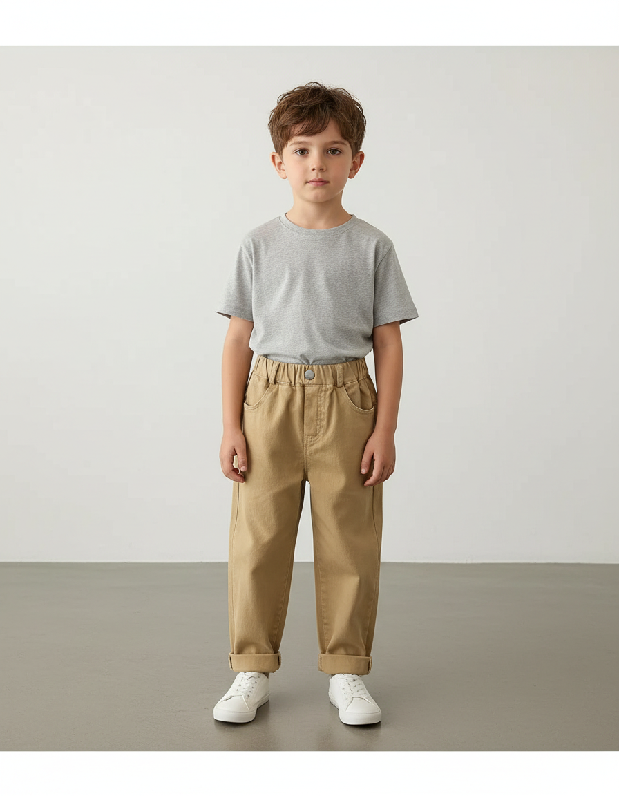 Pantalon Beige Coton Ample Décontracté Garçon - Camel