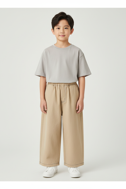 Pantalon Beige Ample Décontracté Surpiqûres Enfant - Toile