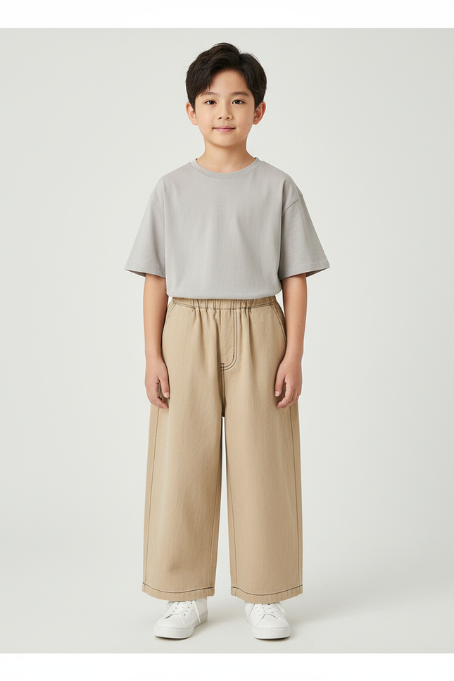 Pantalon Beige Ample Décontracté Surpiqûres Enfant - Toile