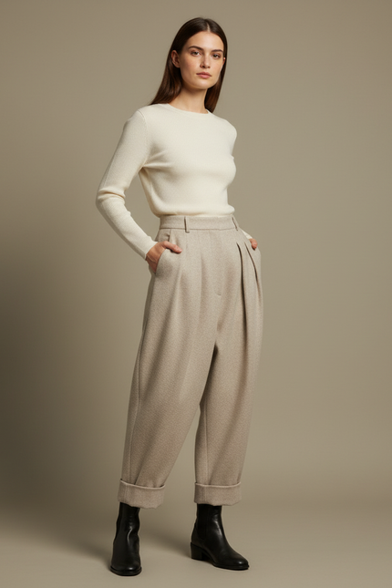Pantalon Carotte Beige - Tweed