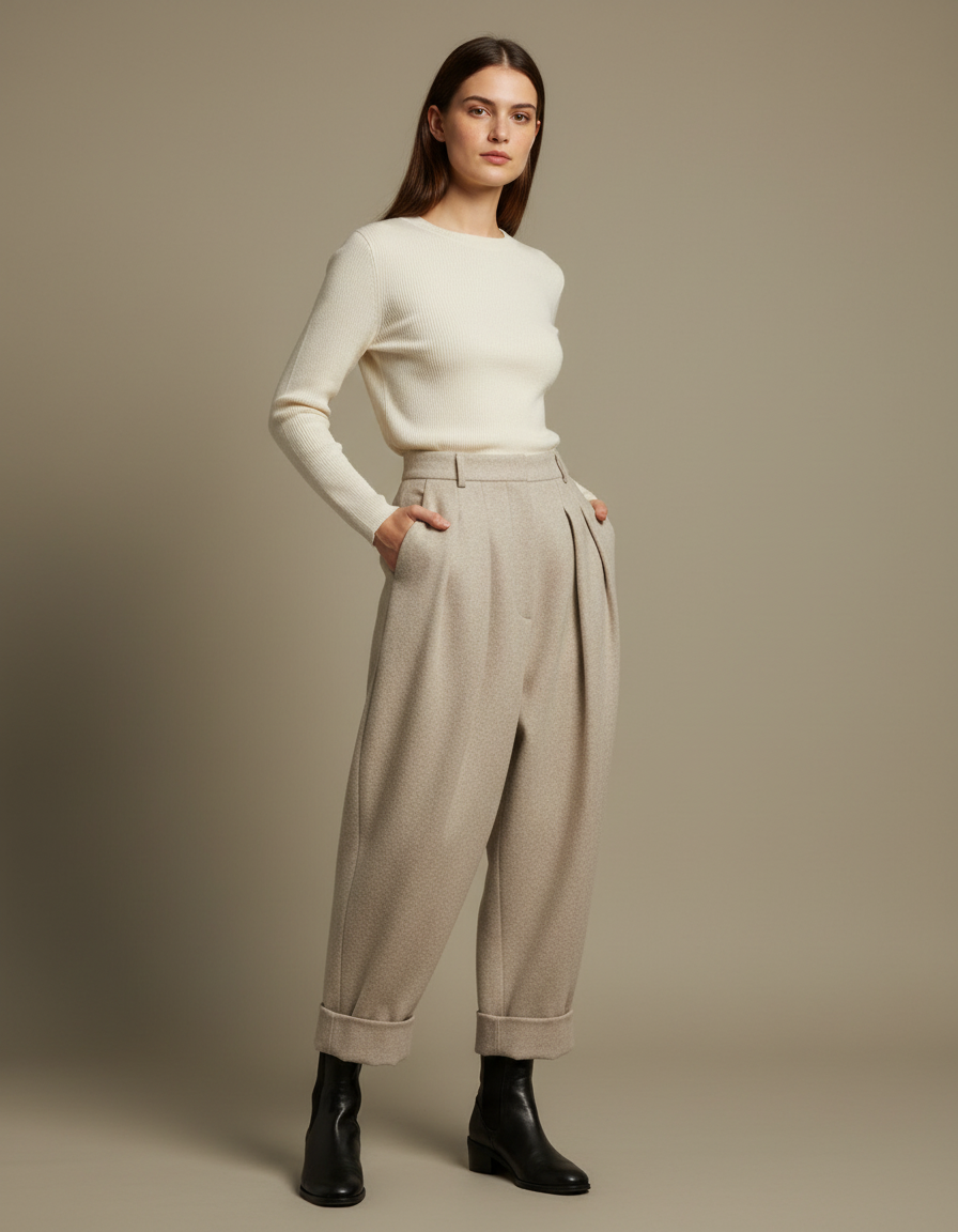 Pantalon Carotte Beige - Tweed