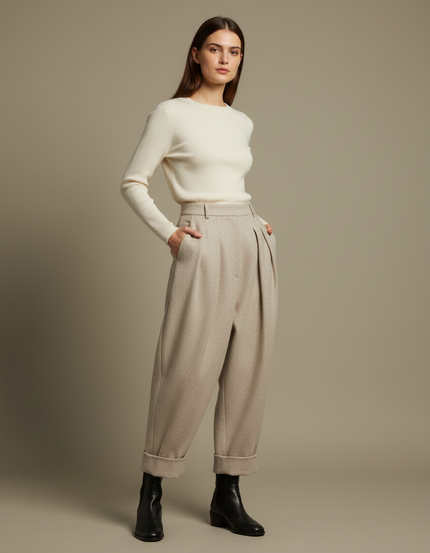 Pantalon Carotte Beige - Tweed