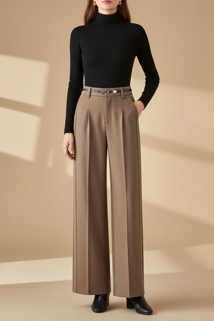 Pantalon Beige Plissé Large Élégant Femme Hiver - Laine