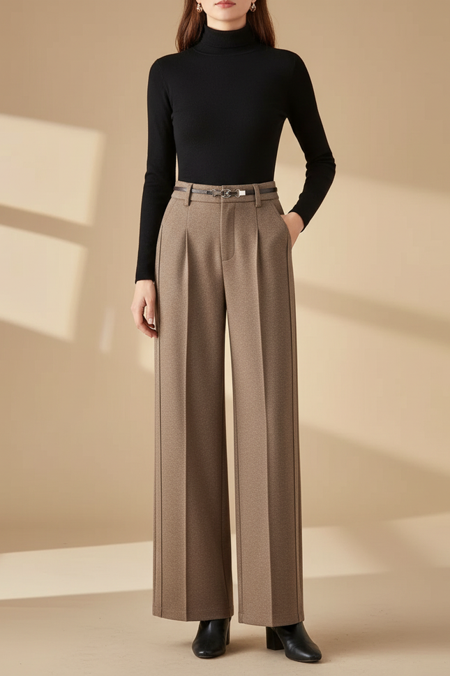 Pantalon Beige Plissé Large Élégant Femme Hiver - Laine
