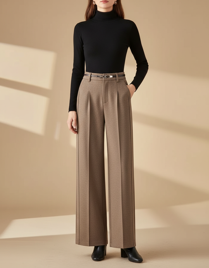 Pantalon Beige Plissé Large Élégant Femme Hiver - Laine
