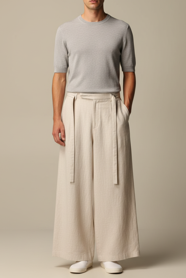 Pantalon Beige Ample Lin Coton Droit Homme