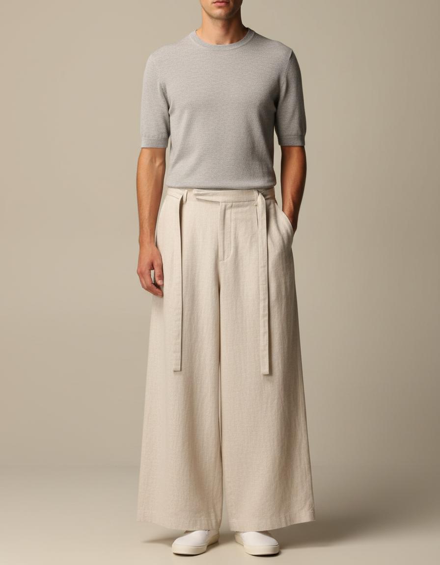 Pantalon Beige Ample Lin Coton Droit Homme