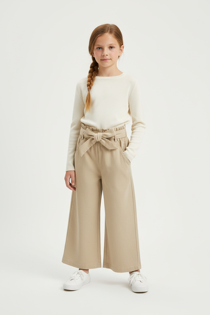 Pantalon Beige Ample Ceinturé Coton Fille Décontracté