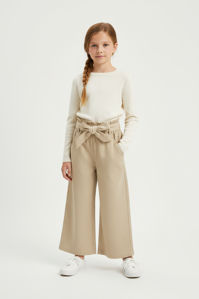 Pantalon Beige Ample Ceinturé Coton Fille Décontracté