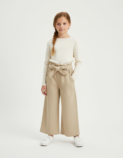 Pantalon Beige Ample Ceinturé Coton Fille Décontracté