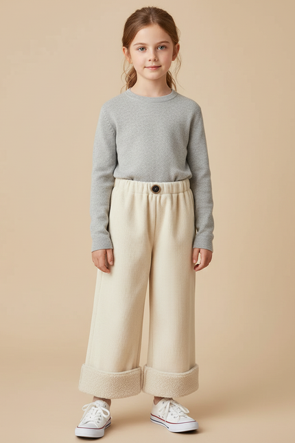 Pantalon Beige Côtelé Ample Doublé Chaud Fille - Cordé