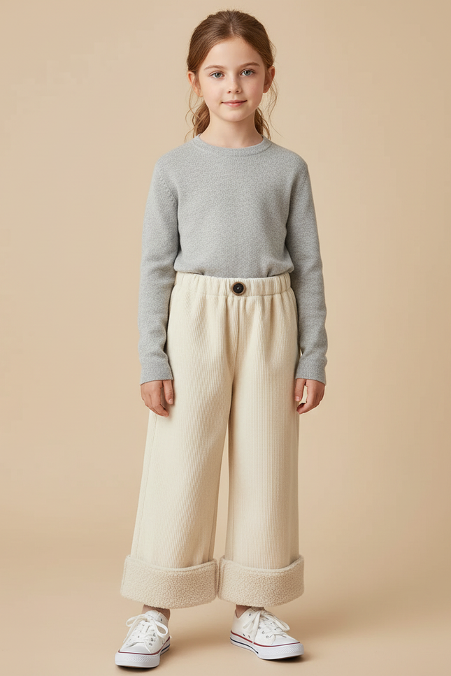 Pantalon Beige Côtelé Ample Doublé Chaud Fille - Cordé