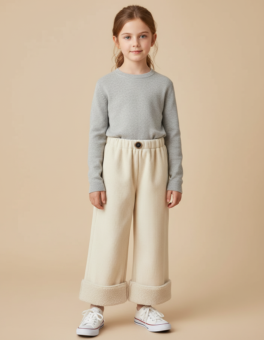 Pantalon Beige Côtelé Ample Doublé Chaud Fille - Cordé