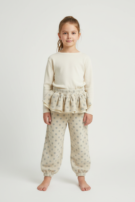 Pantalon Beige Imprimé Floral Ample Volants Enfant - Molleton