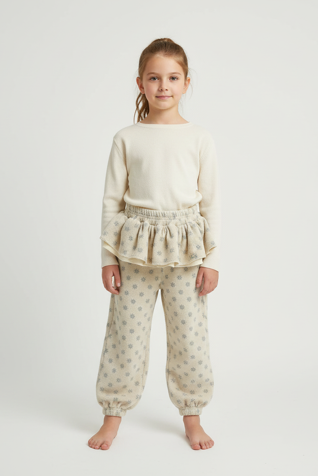 Pantalon Beige Imprimé Floral Ample Volants Enfant - Molleton