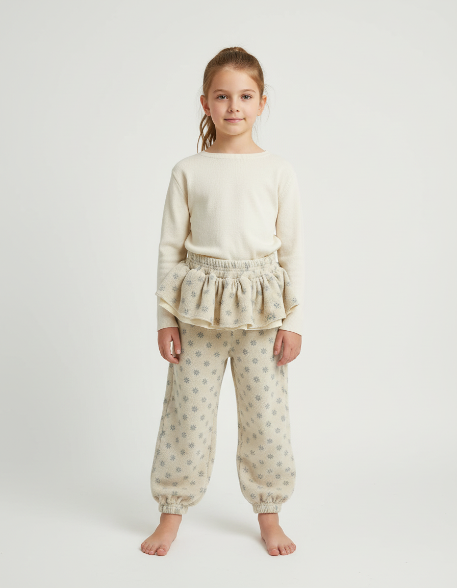 Pantalon Beige Imprimé Floral Ample Volants Enfant - Molleton