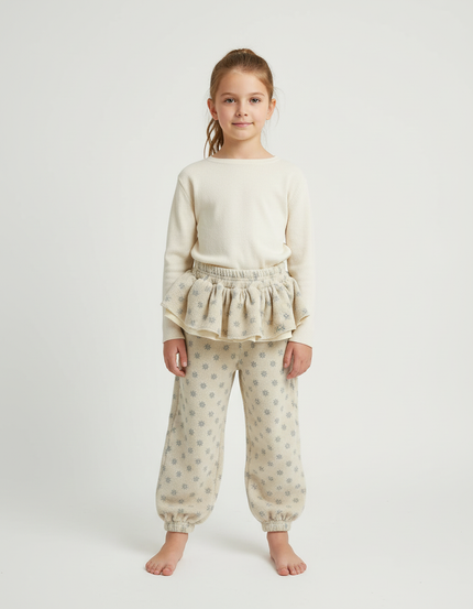 Pantalon Beige Imprimé Floral Ample Volants Enfant - Molleton