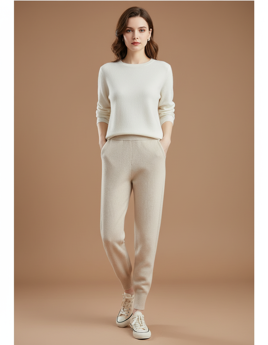 Pantalon Beige Maille Ample Tricoté Décontracté Femme