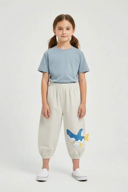 Pantalon Beige Enfant Ample Motif Requin Coton - Molleton