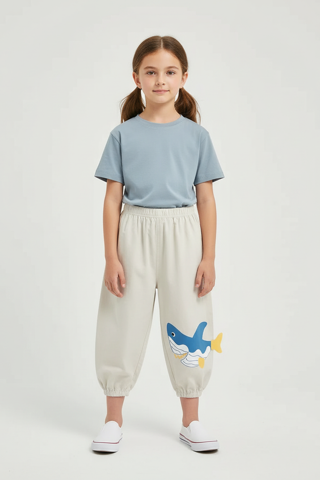 Pantalon Beige Enfant Ample Motif Requin Coton - Molleton