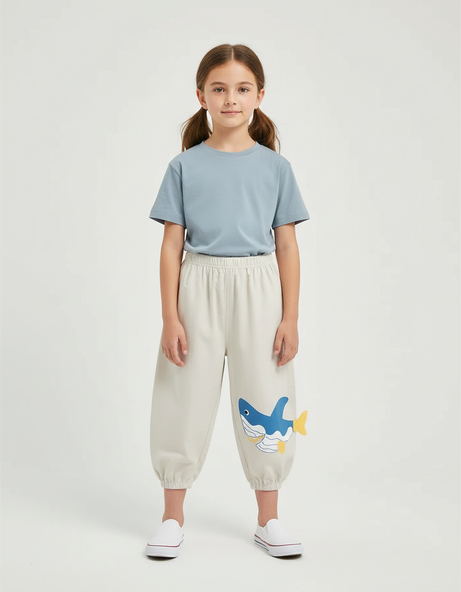 Pantalon Beige Enfant Ample Motif Requin Coton - Molleton