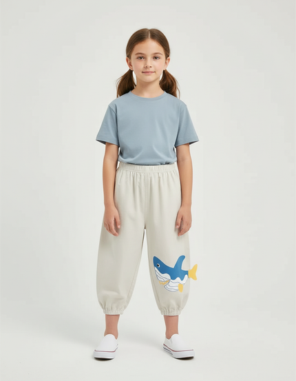 Pantalon Beige Enfant Ample Motif Requin Coton - Molleton