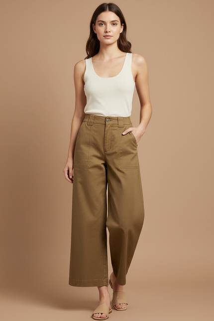 Pantalon Beige Coton Ample Taille Haute Cargo - Kaki Toile